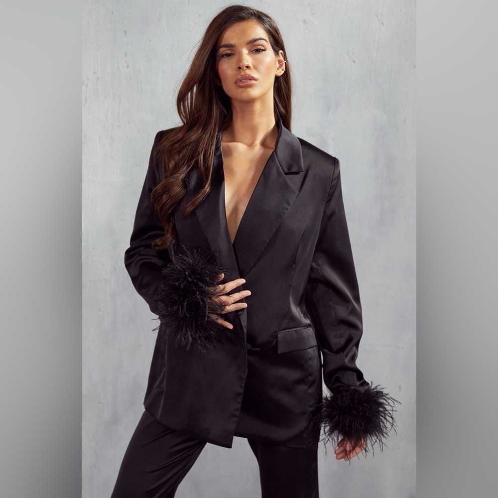 NWT Sincerely Jules Satin Blazer with Feather Cuff Sleeves and Jeweled Button